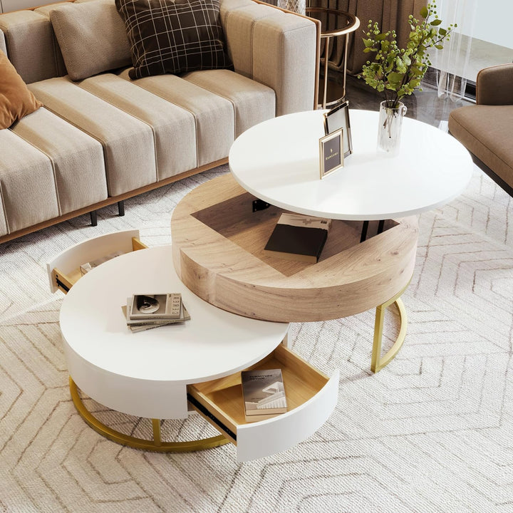 Modern Round Lift-top Nesting Coffee Tables, Oak Natural Wood Antique White