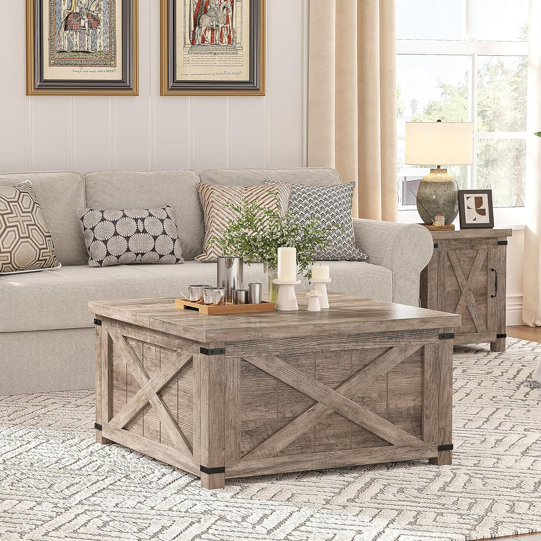 EnHomee Lift Top Coffee Table, Farmhouse, Hidden Storage, Grey