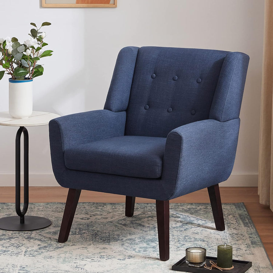 Accent Chair, Upholstered Button Tufted Armchair, Linen Fabric Sofa Chairs for Bedroom, Living Room, Mid Century Modern Comfy Reading Chair (Dark Blue)