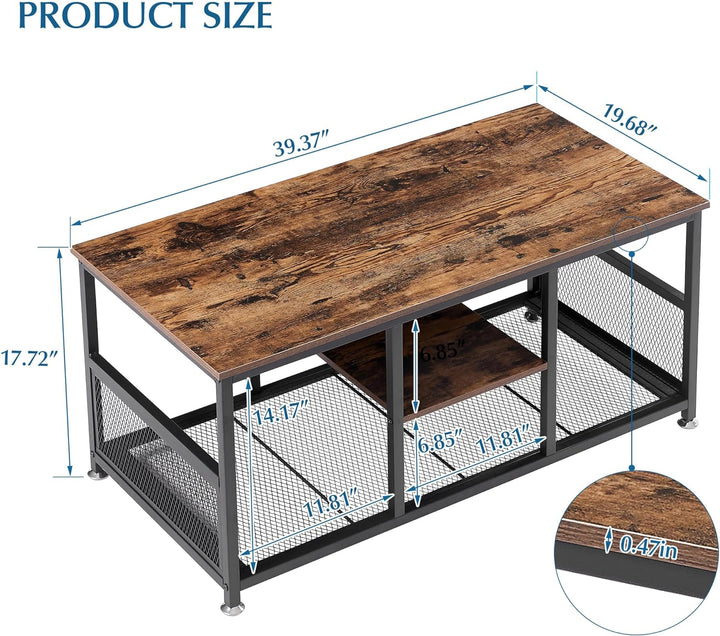 Rustic Brown Coffee Center Table with Storage, Modern Industrial Mesh Shelf