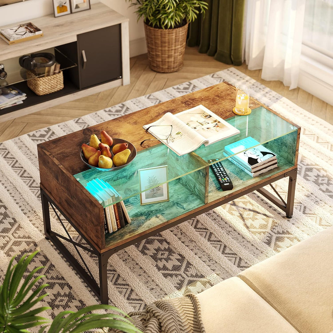 Bestier Glass Coffee Table with Storage, 42" Rustic Brown