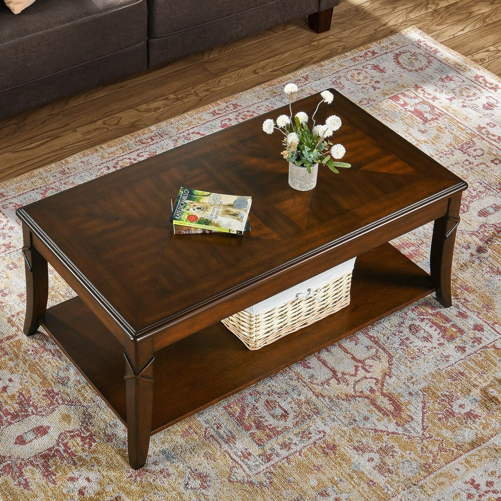 Solid Wood Coffee Table with Storage Shelf, Mid-Century Design, Cherry Brown