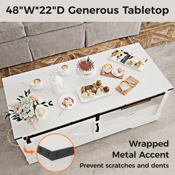 Farmhouse Coffee Table with Storage, Rustic Rectangular Table, Pure White