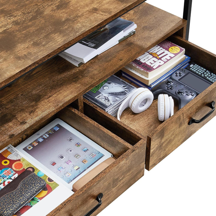 Rustic Industrial Coffee Table with Storage Shelf, Rustic Brown