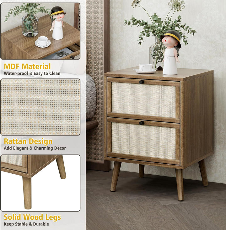 Rattan Nightstand Set of 2, 2-Drawer Wood Accent Table