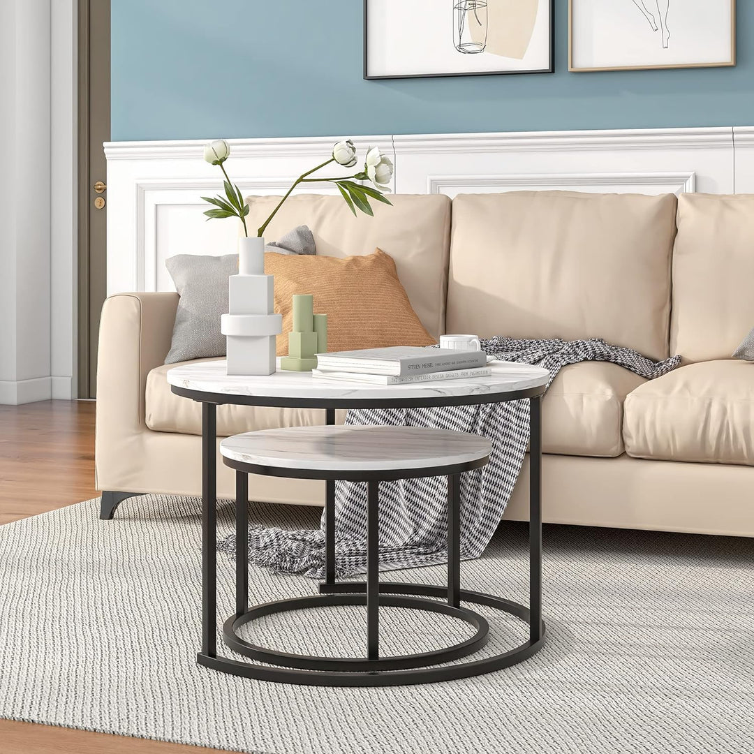 Nesting Round Coffee Table Set, Circular Marble Accent Tables, Black