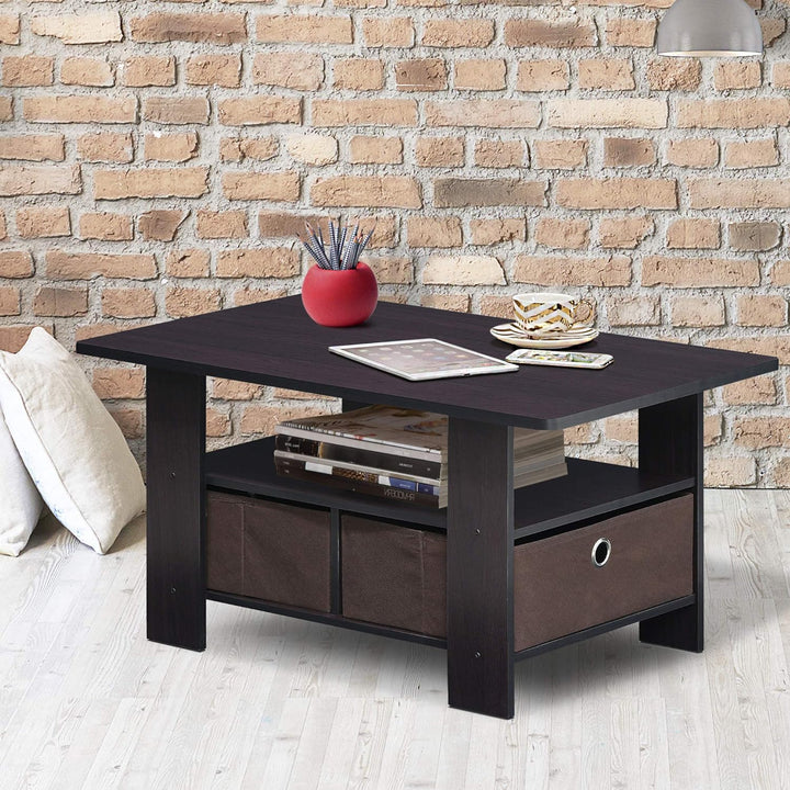 Furinno Andrey Coffee Table with Bin Drawer, Dark Walnut