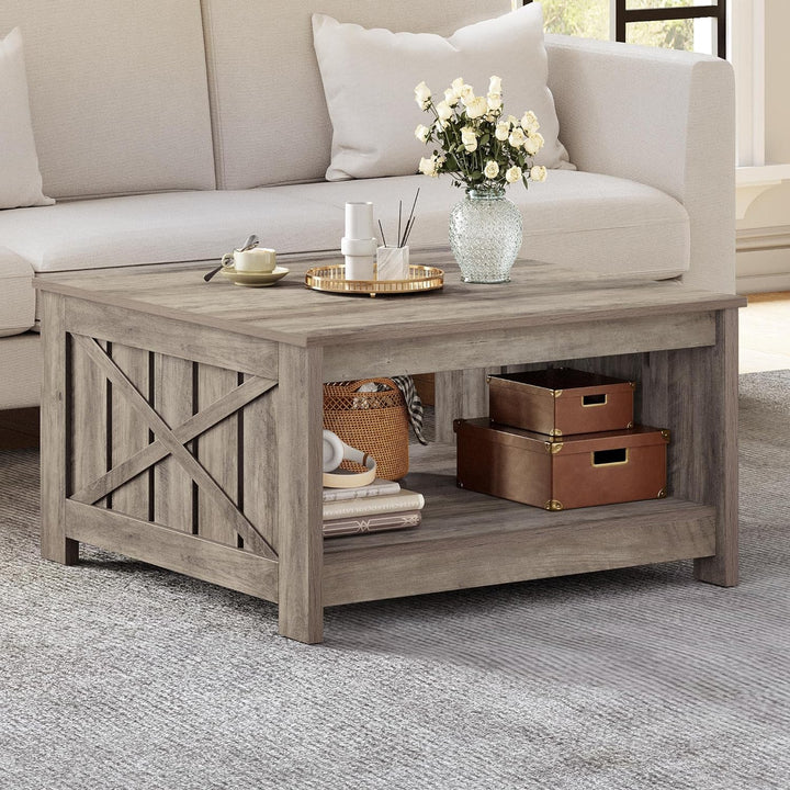 YITAHOME Farmhouse Coffee Table with Storage, Rustic Grey