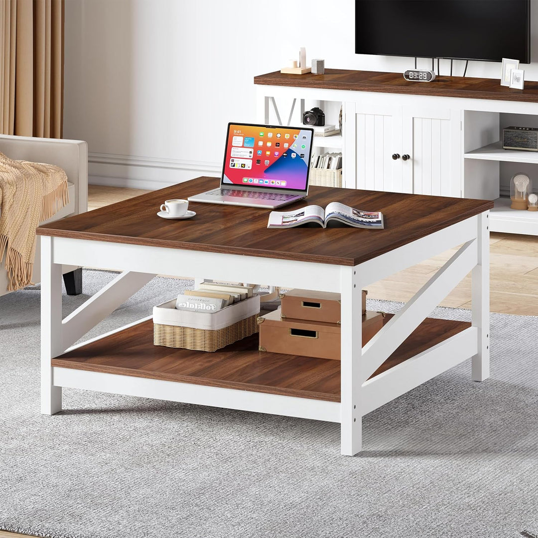 Farmhouse Coffee Table, Square Wood Coffee Table with Storage, White