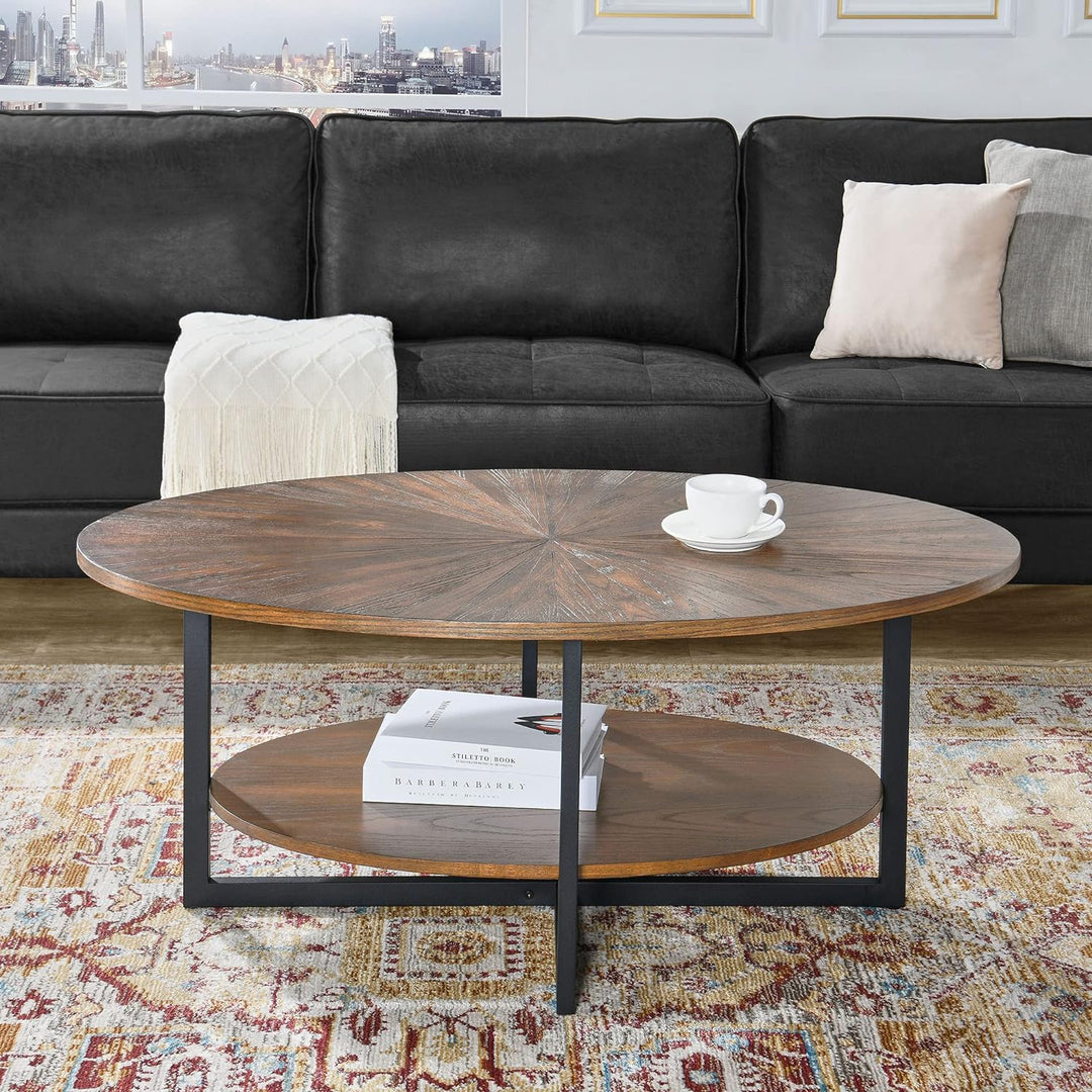 Oval Coffee Table with Storage Shelf, Farmhouse Sofa Center Table, Solid Wood Living Room Cocktail Table, Rustic Brown