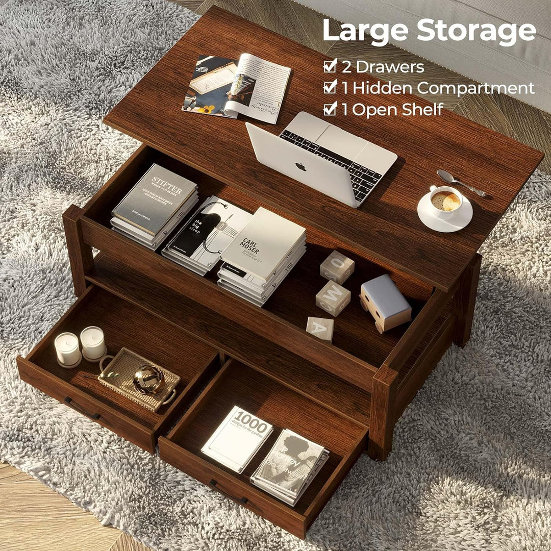 Rolanstar Lift Top Coffee Table w/ Drawers, Hidden Compartment, Espresso