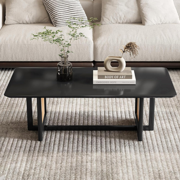 Mid-Century Modern Wood Coffee Table with PE Rattan, Black