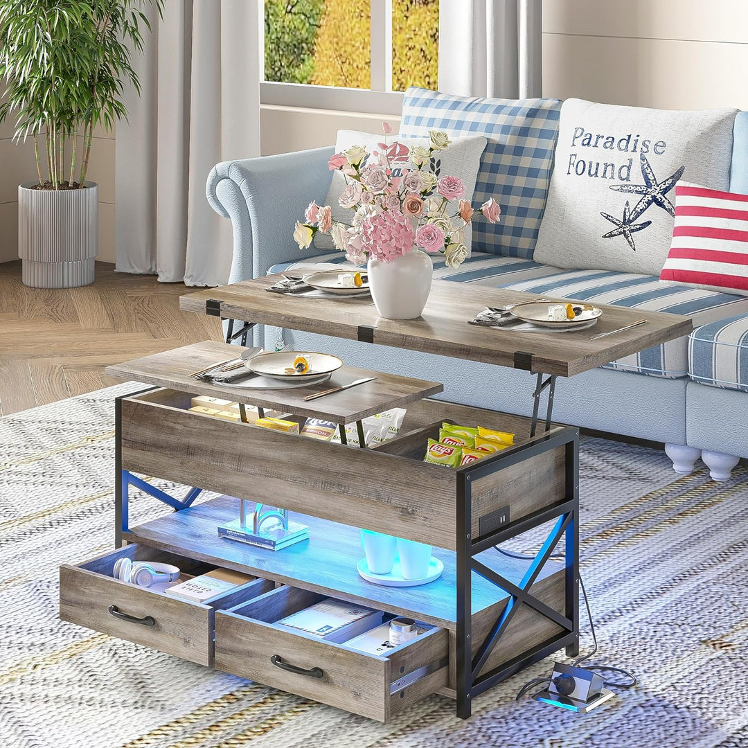 Farmhouse Lift-Top Coffee Table with LED Light, Grey