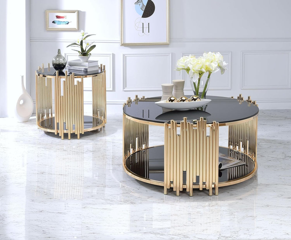 Elegant Farmhouse Coffee Table with Circular Glass Top, Black and Gold