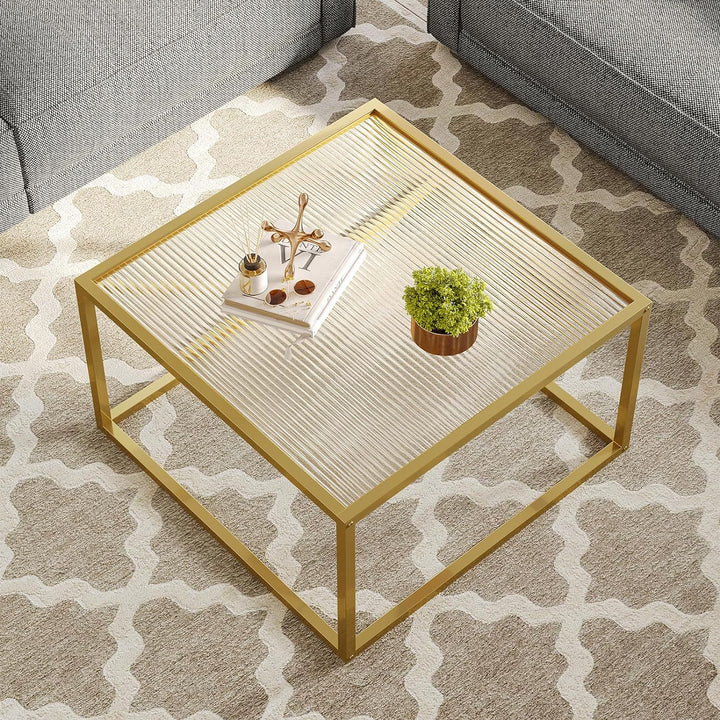 Modern Glass Coffee Table, Small Square, Unique Art Center Table, Gold