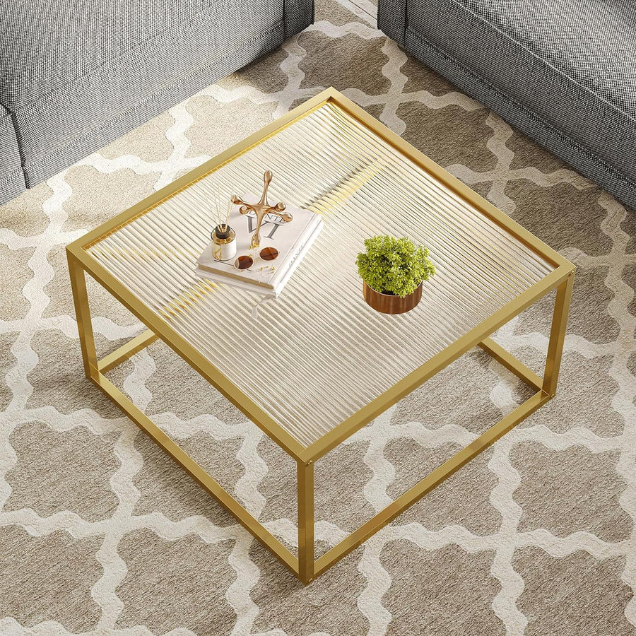 Modern Glass Coffee Table, Small Square, Unique Art Center Table, Gold