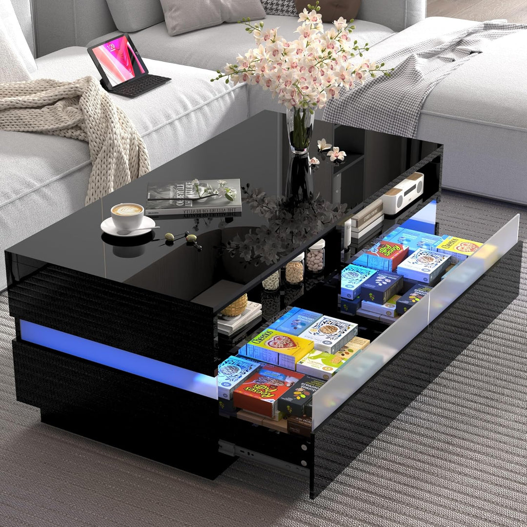 Modern High Gloss Black LED Coffee Table, 2-Tier, App Control