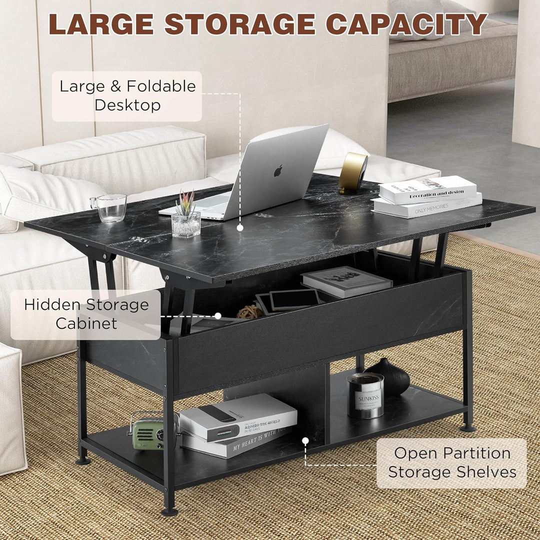 Lift Top Coffee Table with Storage, Marble Pattern, Gray