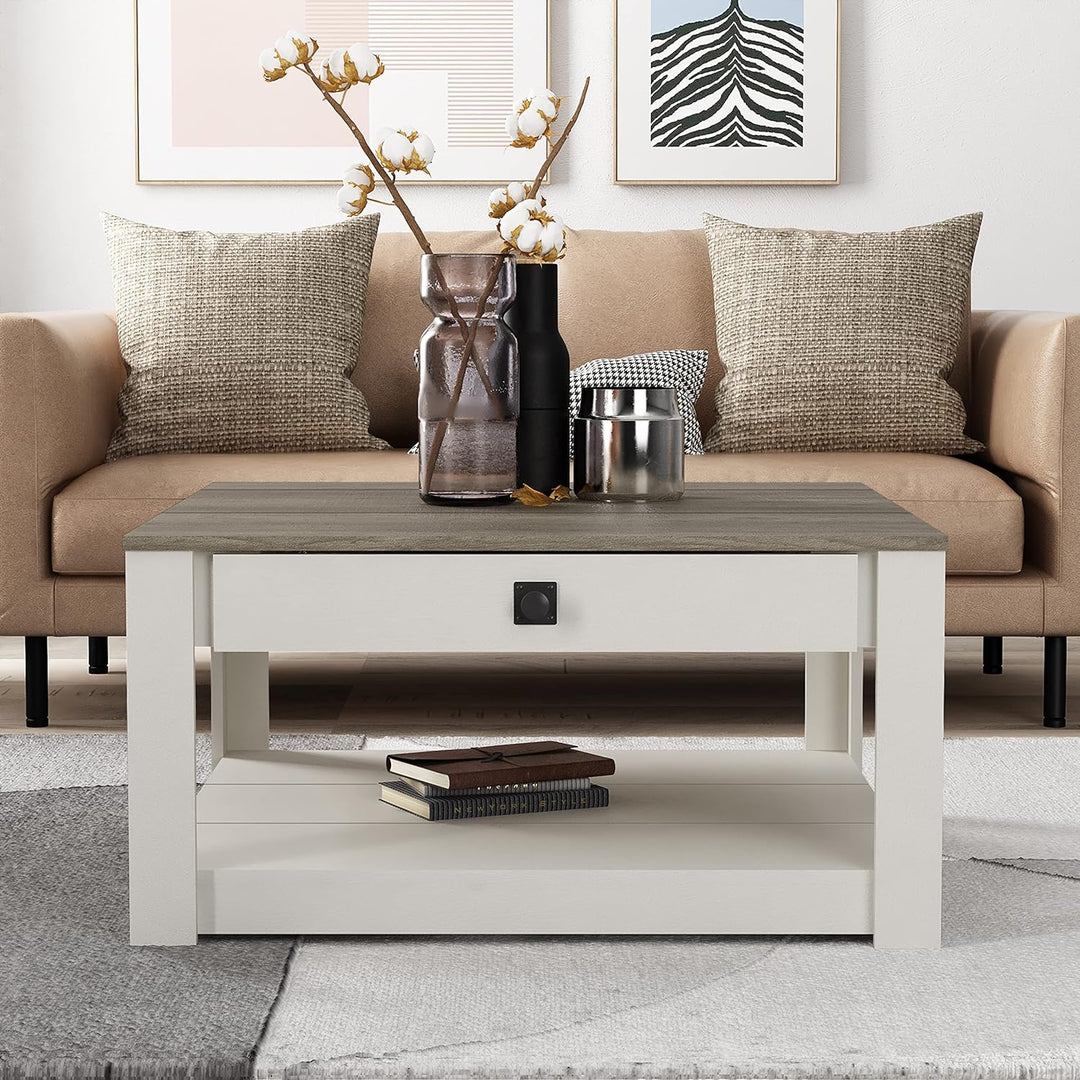 Galano Philia Modern Rectangular Coffee Table, Ivory Knotty Oak