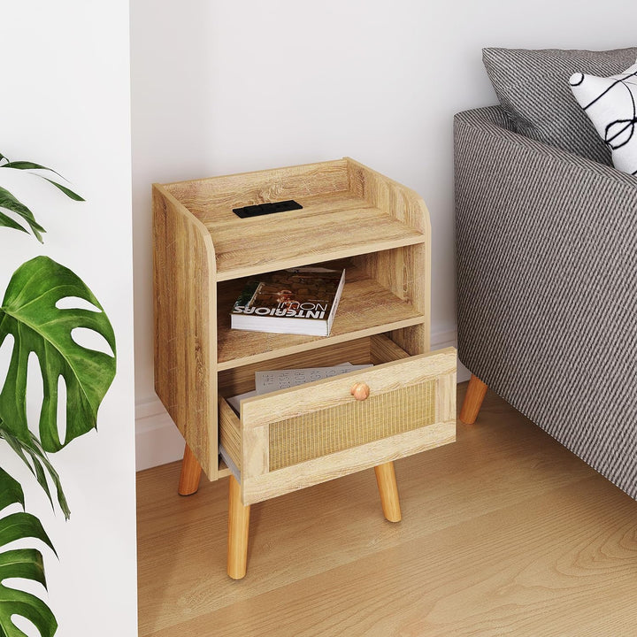 Wood Nightstand w/ Charging Station & Rattan Drawer