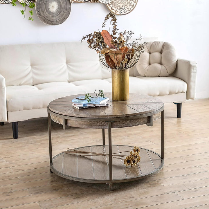 Rustic Round Wood Coffee Table, 2-Tier Farmhouse Circle Design