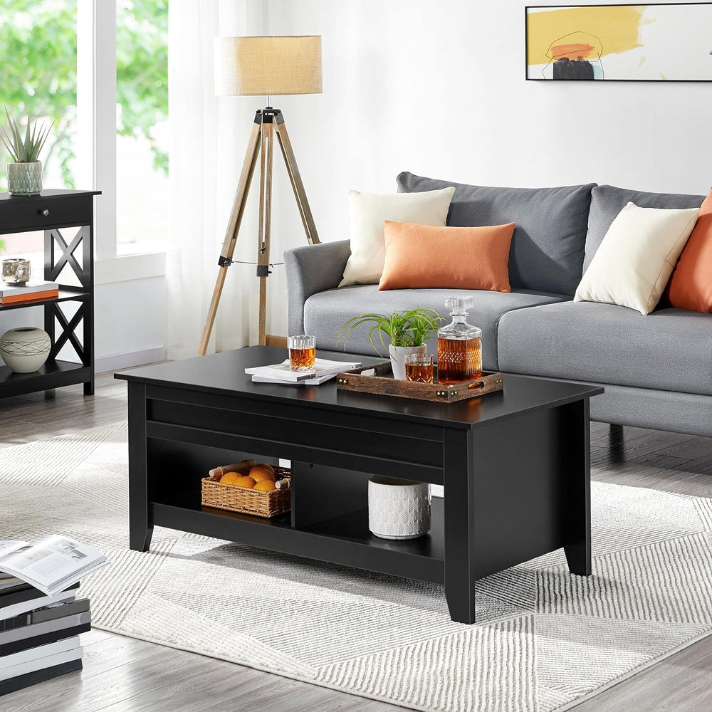 Lift Top Coffee Table with Hidden Storage and Open Shelf, Black