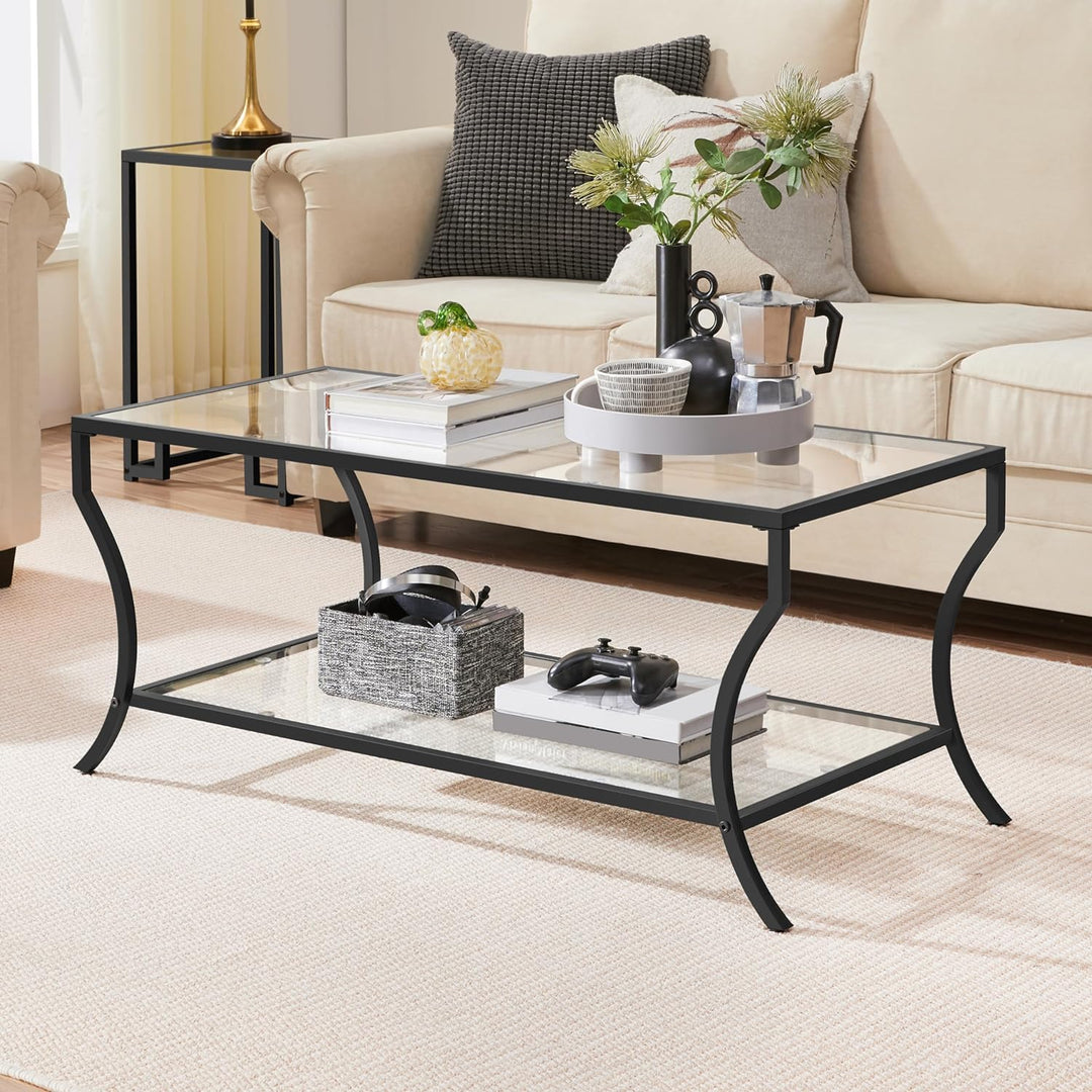 Stylish Glass Coffee Table, Modern Rectangle Design, Black