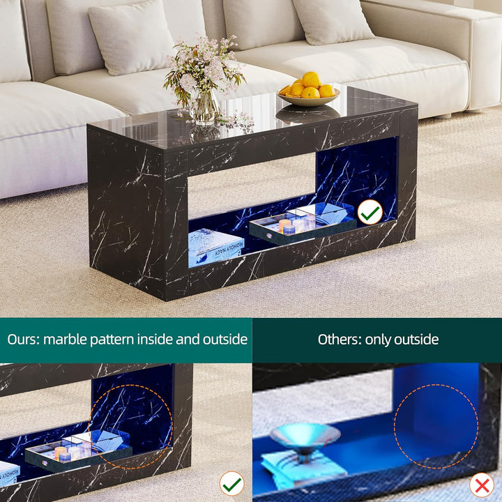 Modern Marble Print Coffee Table with Storage and Lighting, Black