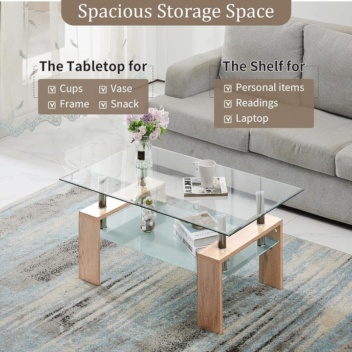 Modern Rectangle Coffee Table, Tempered Glass, Open Shelf, Natural