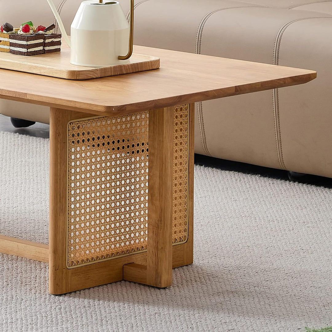 Modern Rattan Coffee Table, Solid Wood Desktop, Double-Layer, Natural