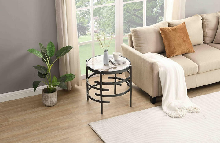 Sintered Stone Round Coffee Table Set, Black-3pcs