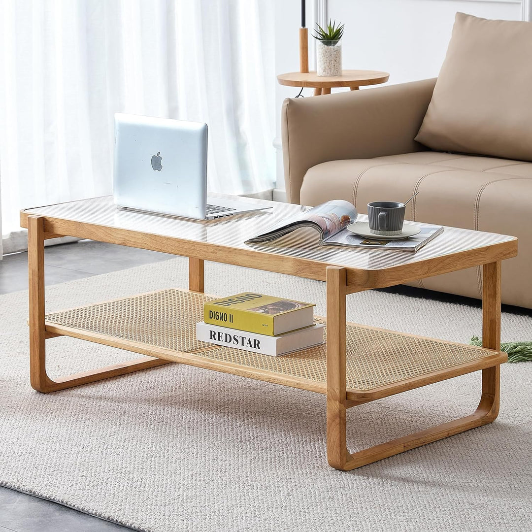 45" Modern Rattan Woven Solid Wood Coffee Table, A-natural