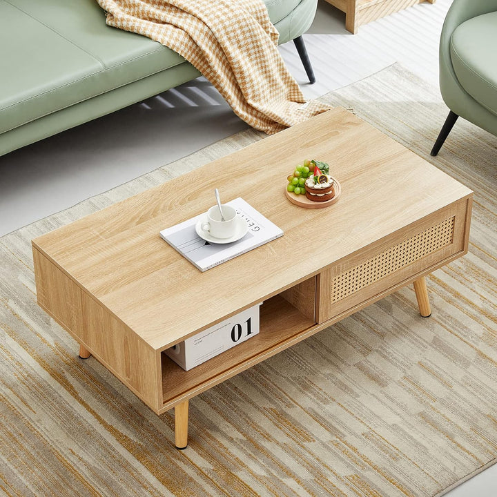 Mid-Century Modern Coffee Table with Rattan Woven Door, Wood