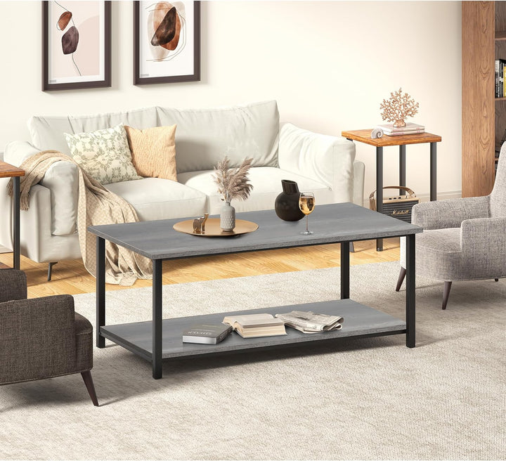 2-Tier Coffee Table with Storage Shelf, Grey Oak 39.3in