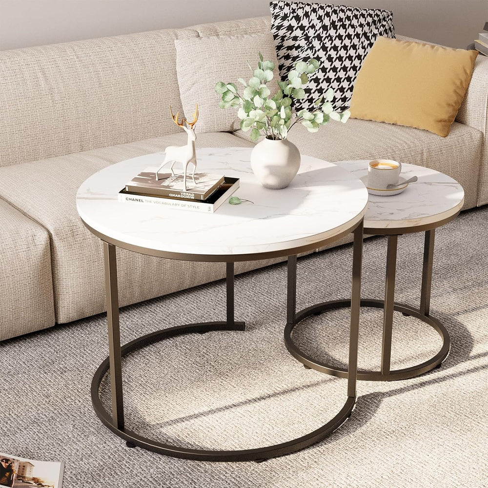 Elegant Round Nesting Coffee Table Set, Faux Marble Wooden Accent Tables, White