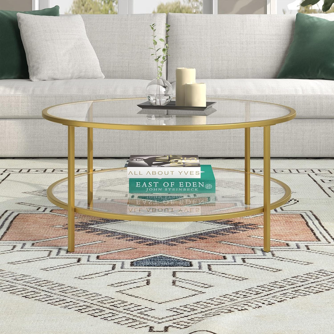 Elegant Round Glass Coffee Table with Brass Frame