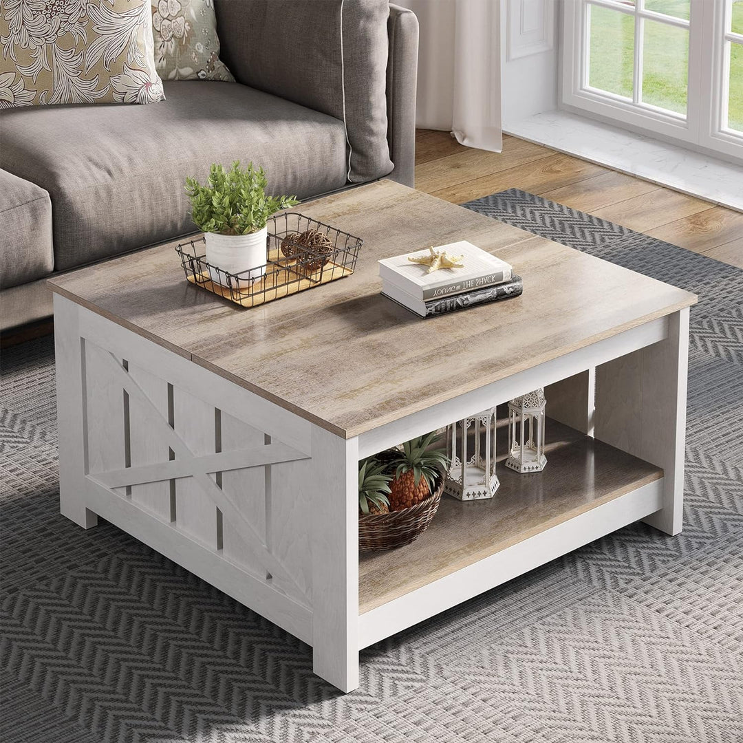 Rustic Farmhouse Coffee Table with Storage, Grey Wash