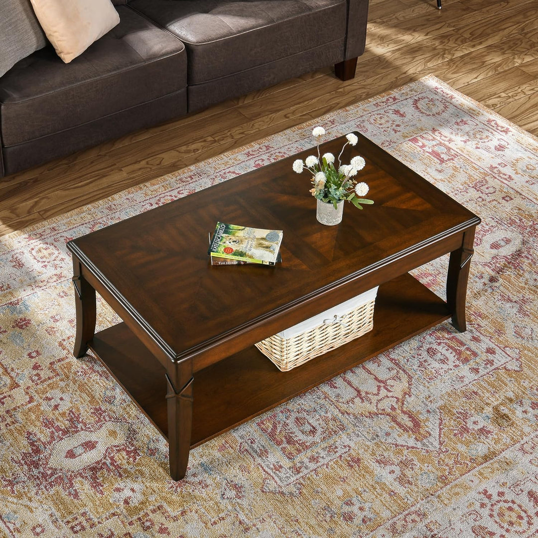 Solid Wood Coffee Table with Storage Shelf, Mid-Century Design, Cherry Brown