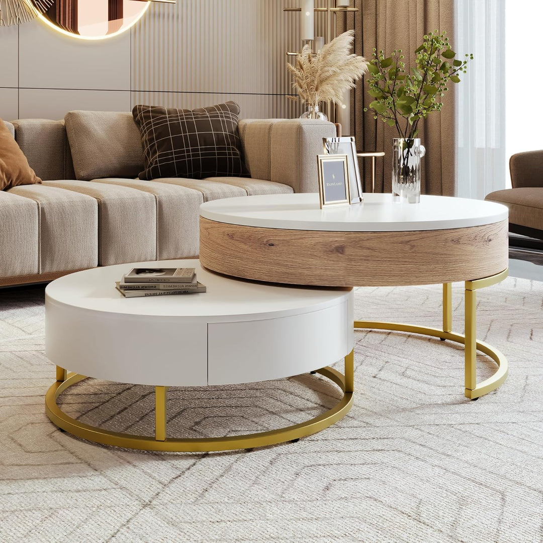 Modern Round Lift-top Nesting Coffee Tables, Oak Natural Wood Antique White