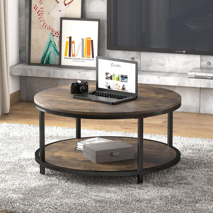 NSdirect 36" Round Rustic Wooden Coffee Table, Industrial Sofa Table