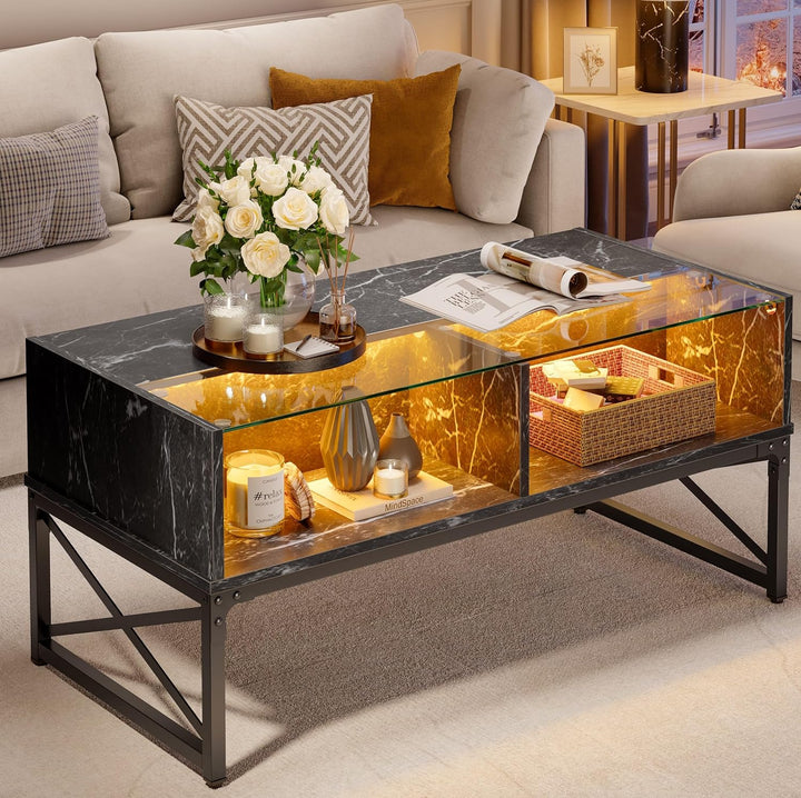 Bestier LED Coffee Tables, 42" Living Room Center Table, Black Faux Marble