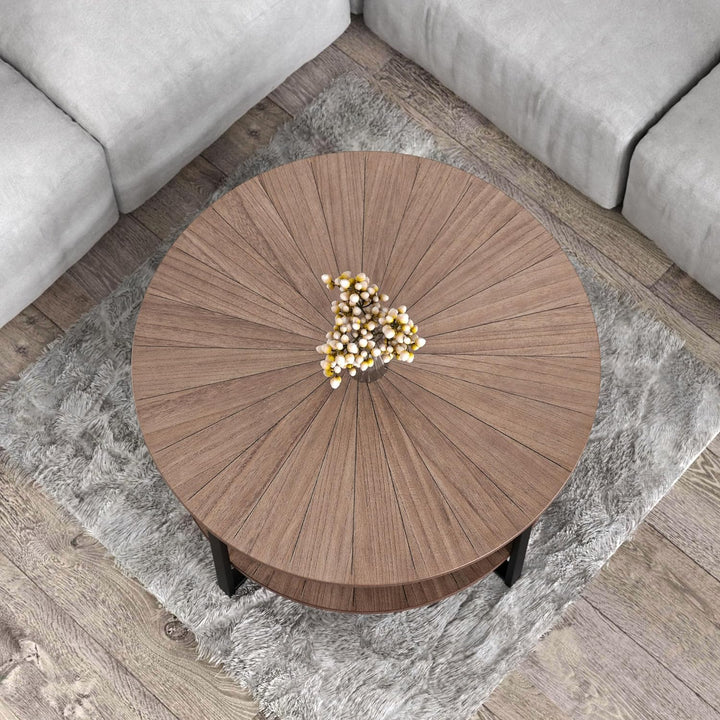 Round Wood Coffee Table with Storage Open Shelf, Brown