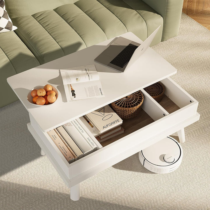 Meilocar Wood Lift Top Coffee Table with Hidden Compartment, White