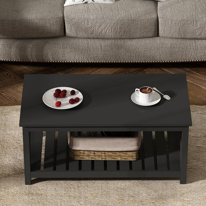 Rustic Vintage Coffee Table with Shelf, Pure Black