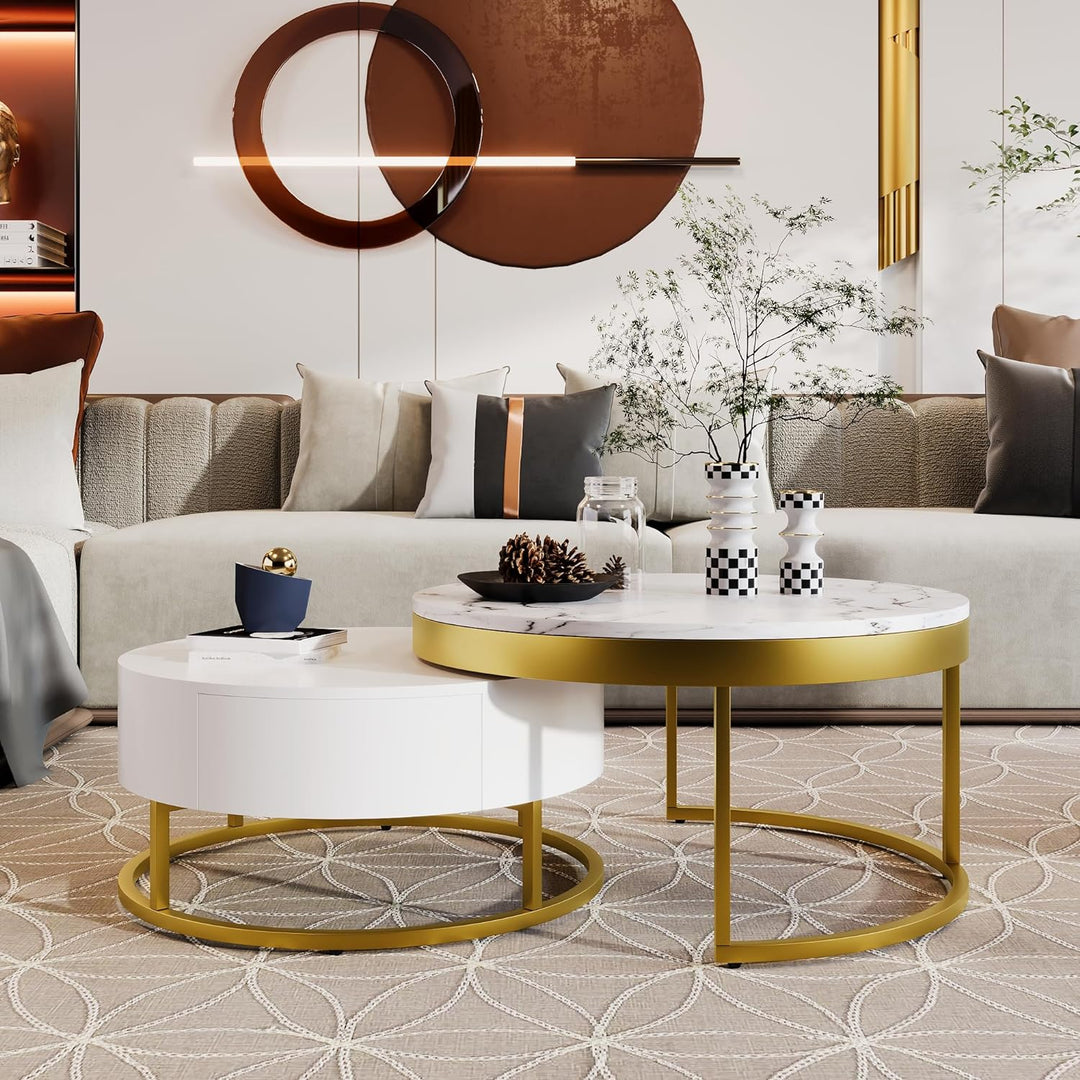 Modern Round Nesting Coffee Table with Drawers, Goldenwhite