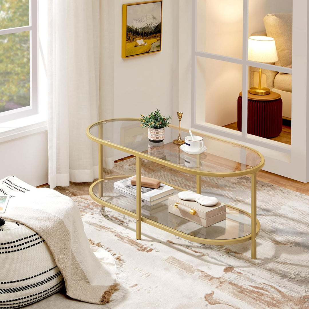 Elegant Gold Coffee Table, Oval Glass Top with Storage Shelf, Metal Frame