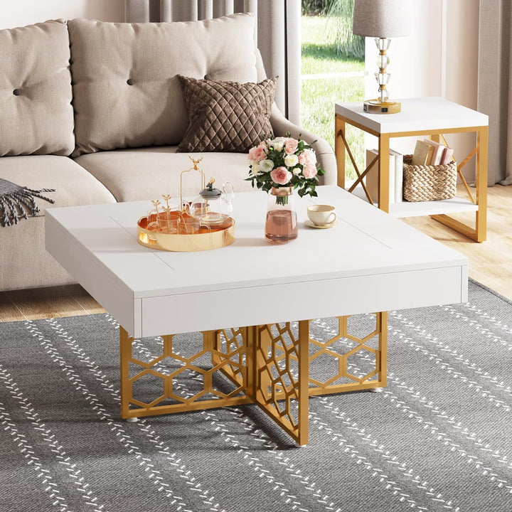 Elegant White and Gold Square Coffee Table for Living Room