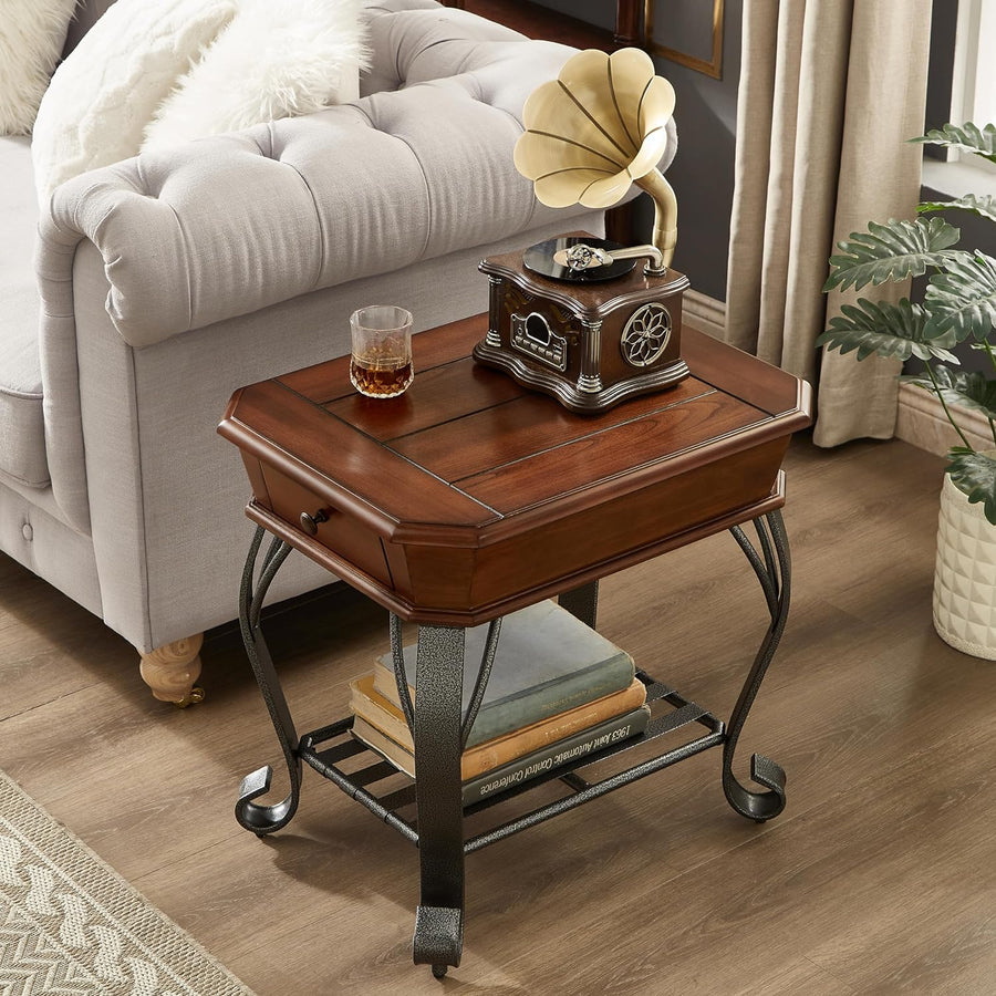 Retro Hexagon Wood End Table, Farmhouse Side Table, Mid-Century Accent