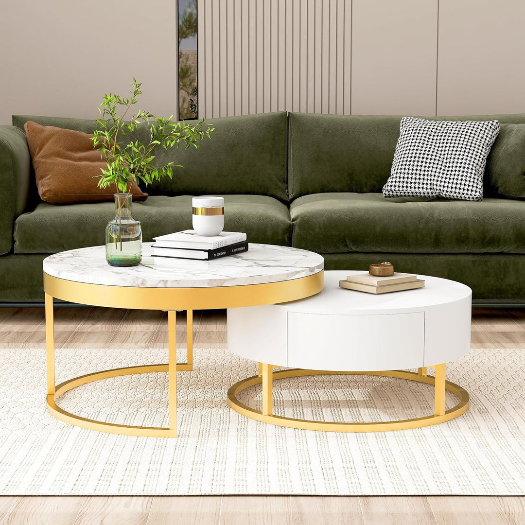 Round Coffee Table Set, Modern End Tables, Stacking Side Tables, 31.5"gold&white