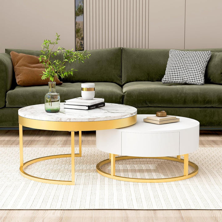 Round Coffee Table Set, Modern End Tables, Stacking Side Tables, 31.5"gold&white